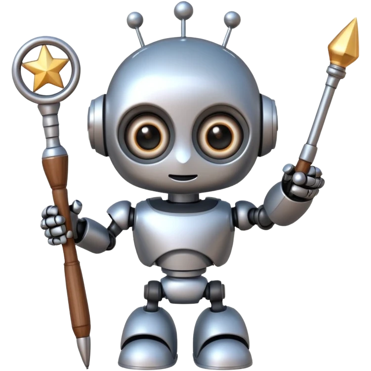 A cute robot is holding a magic wand emoji