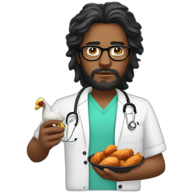 disgruntled Mauritian doctor with dark skin with long black tousled hair with a circular beard and black glasses. he is holding a chicken wing in his hand emoji