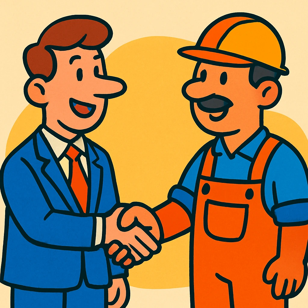 cartoon style office worker shaking hands with factory worker, colorful uniforms emphasized emoji