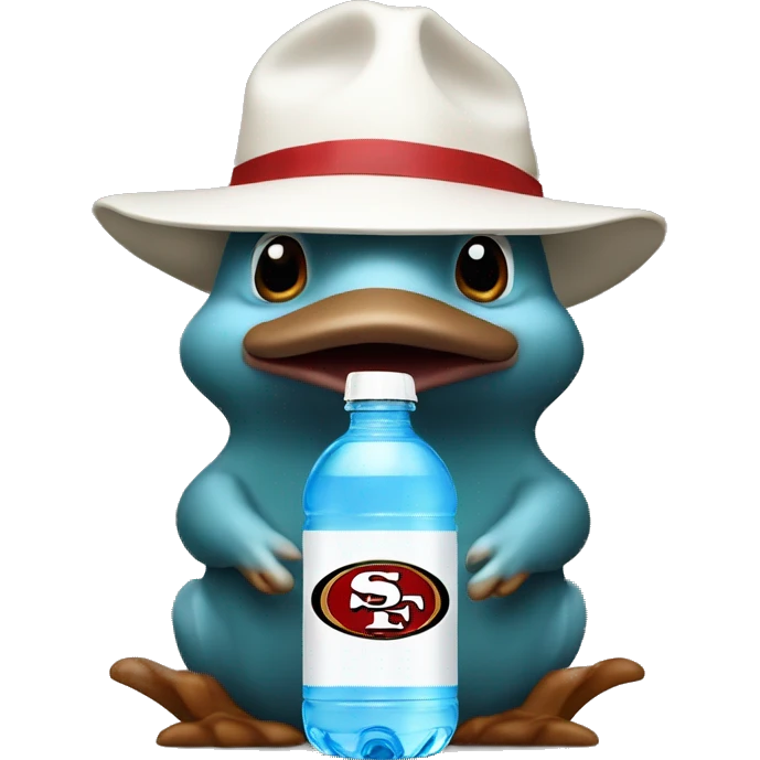platypus wearing a white 49er hat holding water bottle emoji