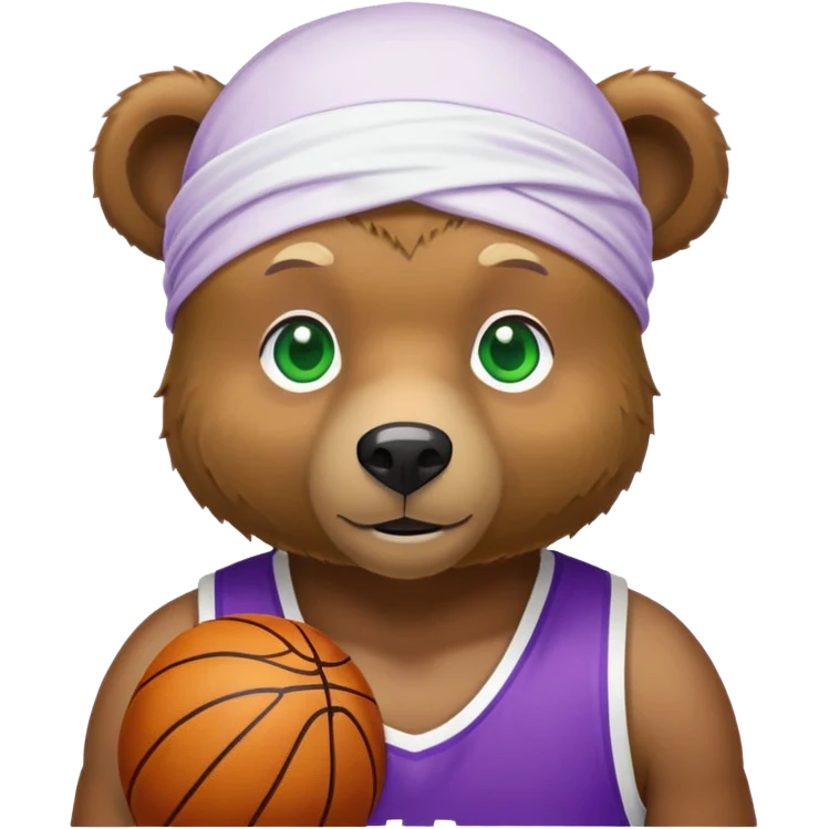 Stylish brown bear with green eyes wearing a white durag and purple and gold basketball jersey visible only to the shoulders, iOS emoji style emoji
