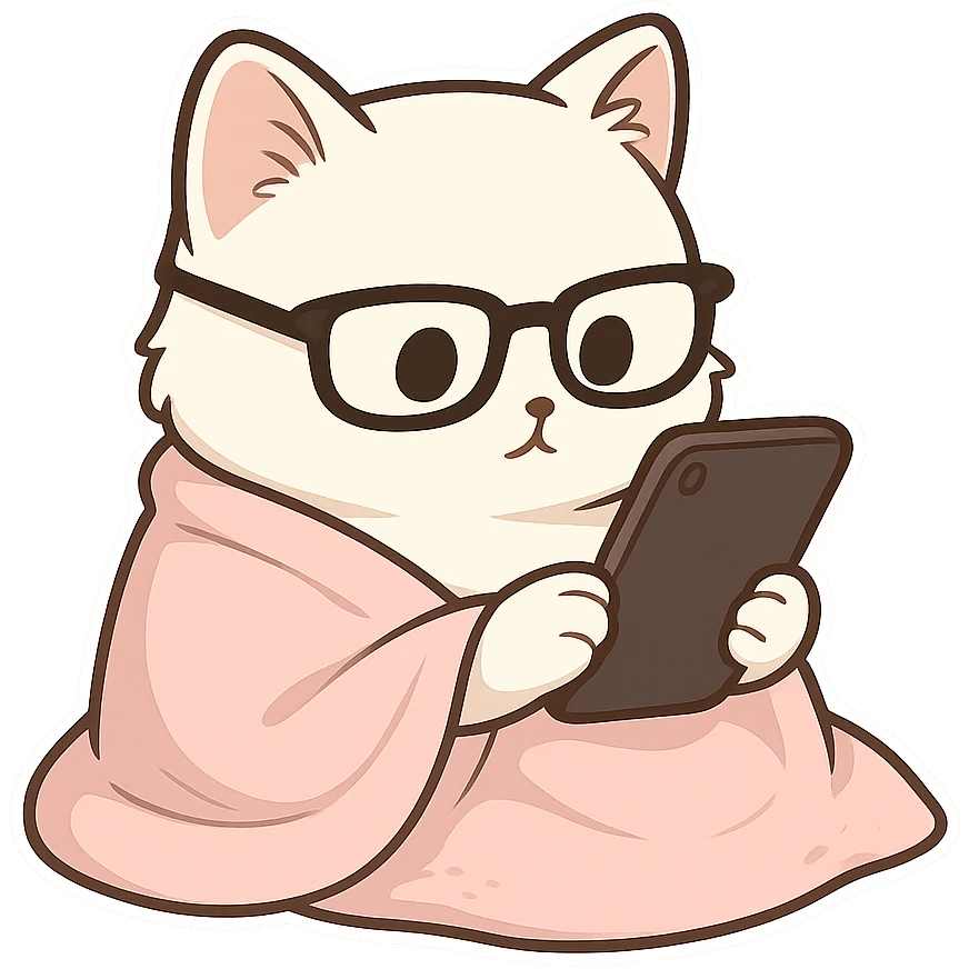 Cat meme, a white cat wrapped in a blanket, wearing glasses, holding a mobile phone in both hands, looking at the phone emoji