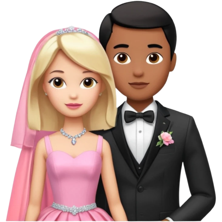 pretty light blonde girl barbie wedding to boy nerd with short black hair and dark tan skin on the cheek emoji