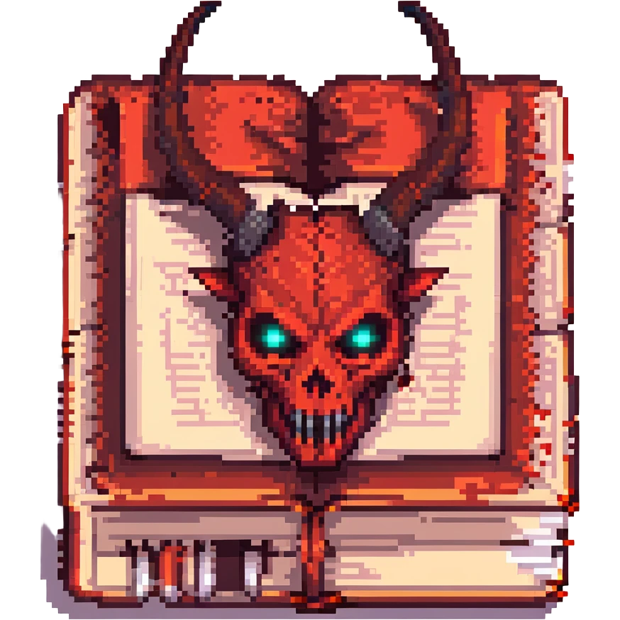 Make the red cursed book with a sinister face look even more evil by adding horns, more intense glowing eyes, and a smoky aura. Pixel art style with no background. emoji