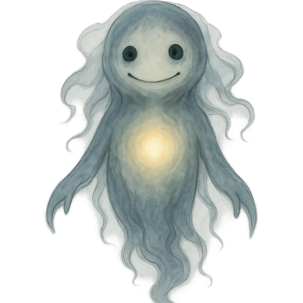 ghibli style AI spirit with glowing core, gentle smile, ethereal and slightly eerie emoji