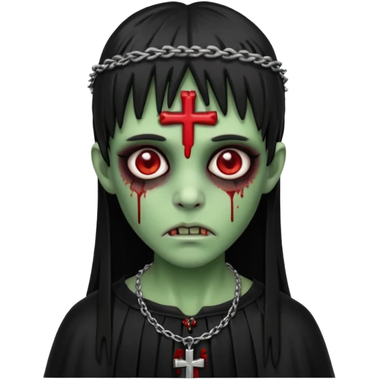 zumbi verde com olhos vermelhos sangrando e franja roupa preta e um crucifixo como colar emoji