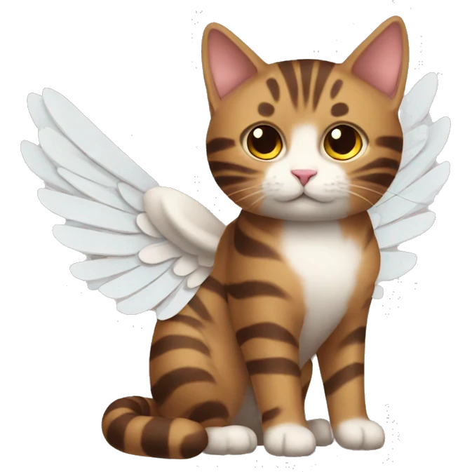An adult and brown striped cat with angel’s wings emoji