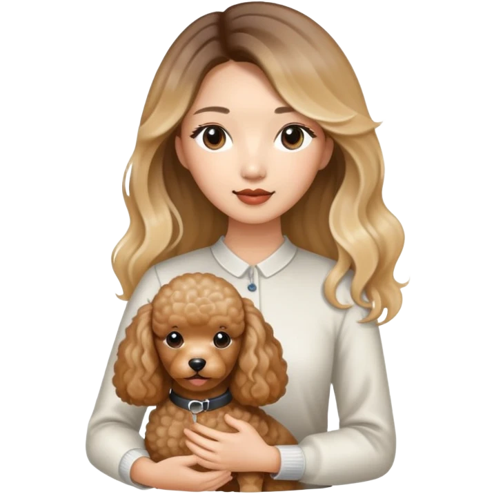 a asian lady with long balayage hair with blonde highlight, holding a brown poodle emoji