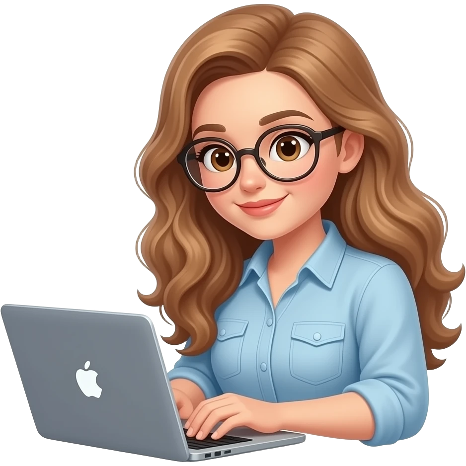 detailed emoji illustration of a curvy woman with long light brown wavy hair, light brown eyes and round glasses writing her book on a laptop, focused creative expression, cozy writer vibe, cute emoji style emoji