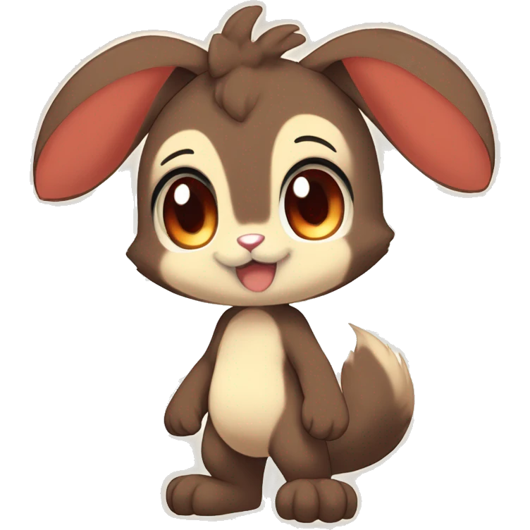 Cute, Chibi, Kemono-style, Anthro, Fur-Sona, Dark-Brown, Normal-type-Ground-type Tan-Rabbit-Fakémon with Dark-Red eyes, beige belly, beige paws, beige feet, beige freckles, full body emoji