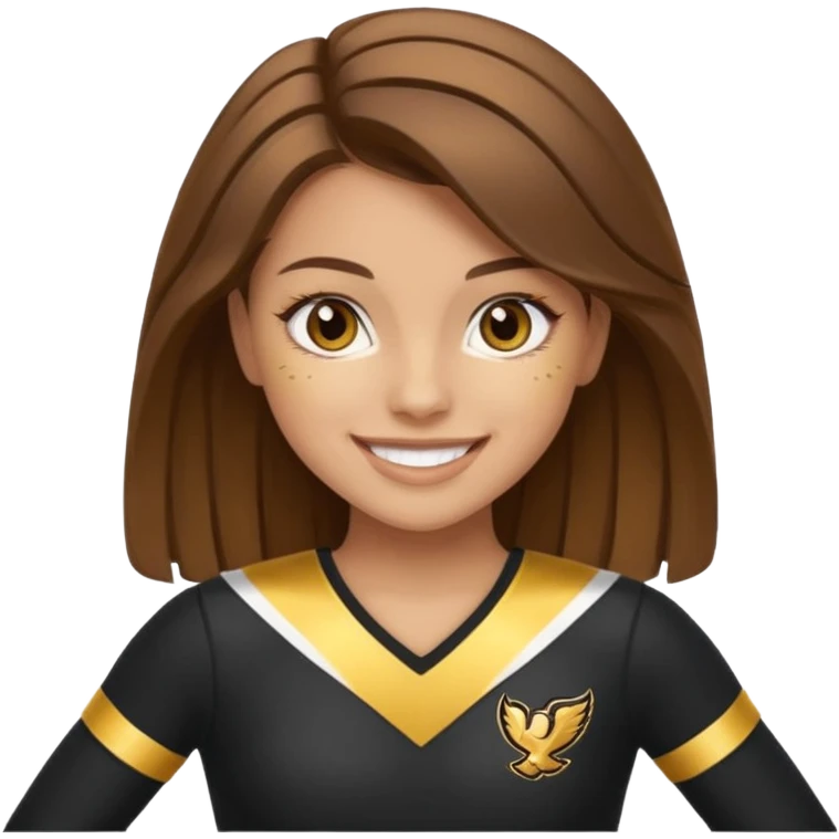 Cheerleader with golden skin tone skin, brown eyes, brown hair and outfit black and gold emoji