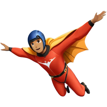 A daring wingsuit athlete soaring between towering mountains, with their wingsuit fully stretched, cutting through the air at high speed. The background features dramatic cliffs and a vast sky, emphasizing the thrill and freedom of base jumping. emoji