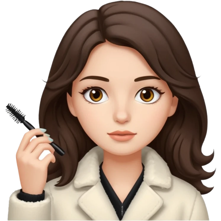 Garota branca de cabelos levemente ondulados castanhos escuros médio aplicando máscara de cílios, ela veste casaco off white estilo cozy emoji