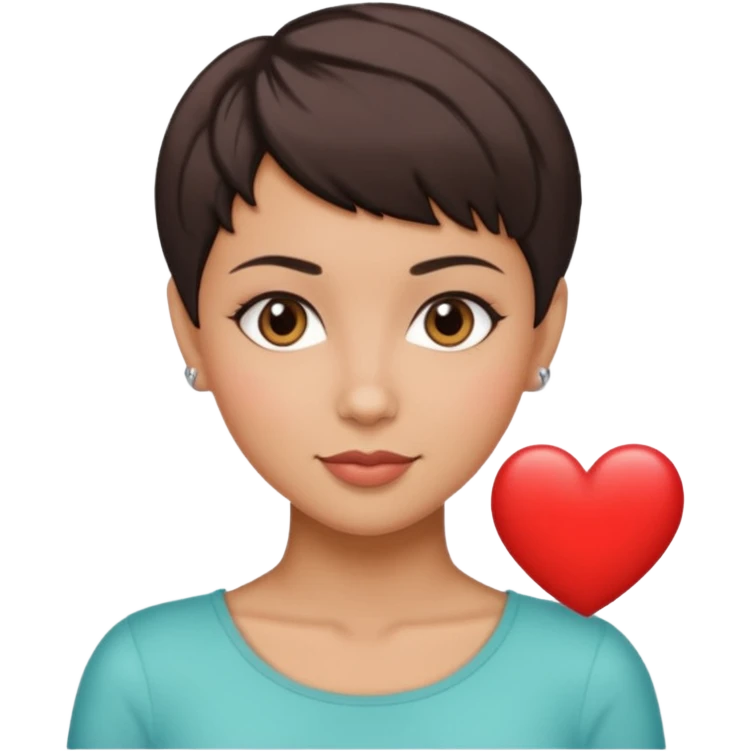 woman pixie cut dark brown hair, hispanic, brown oval eyes, heart shaped face emoji