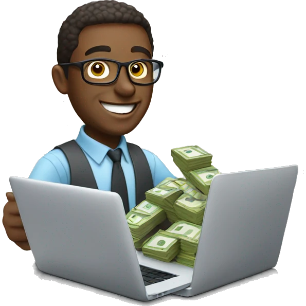 cheerful man with money working on a macbook emoji