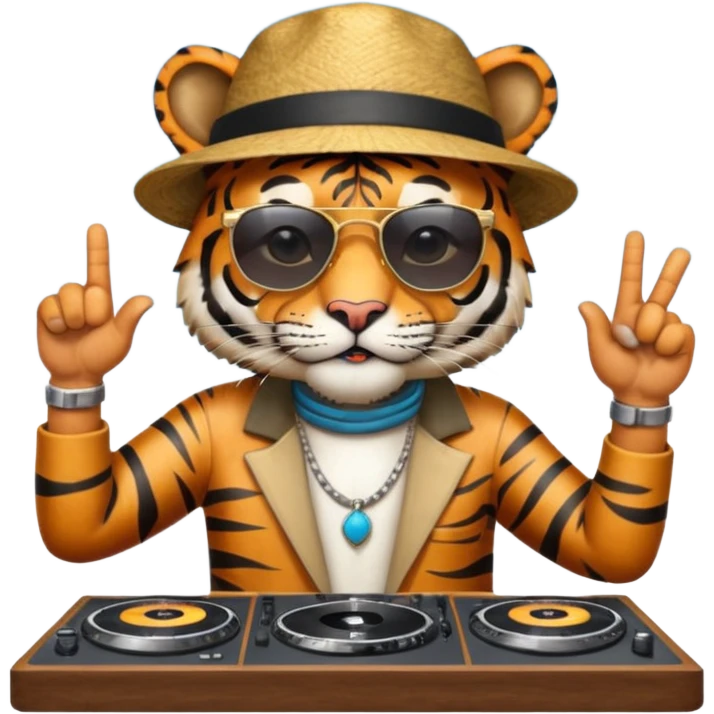 Un tigre con sombrero estilo cubano, una mesa de dj y gafas de sol. Una mano en la mesa de dj y la otra mano señalando al cielo a Dios emoji