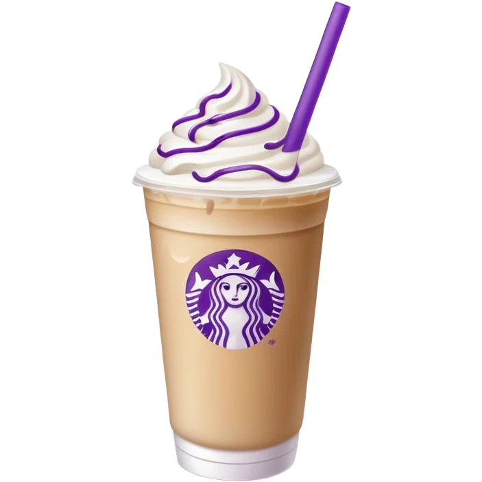 Iced latte with purple straw and a small logo on cup emoji