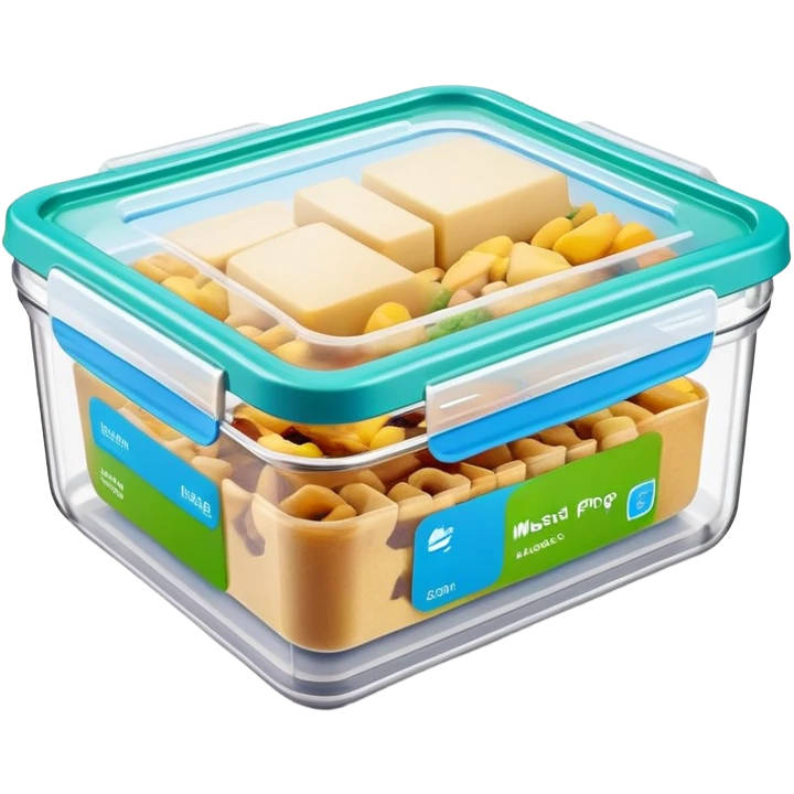 Meal prep company container with bright green and blue label on the top emoji