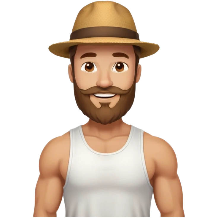Muscular man with mid-long hair wearing a hat, big beard, smiling, white tank top emoji