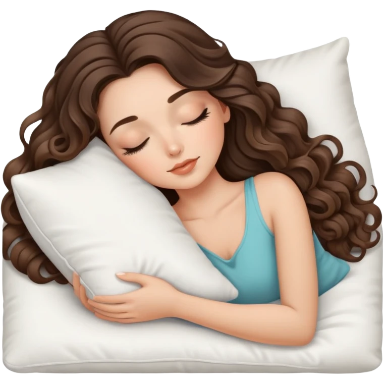 beautiful brunette with a light balayage white girl with nice curls/defined waves, very long hair, clean girl makeup SLEEPING ON A PILLOW emoji