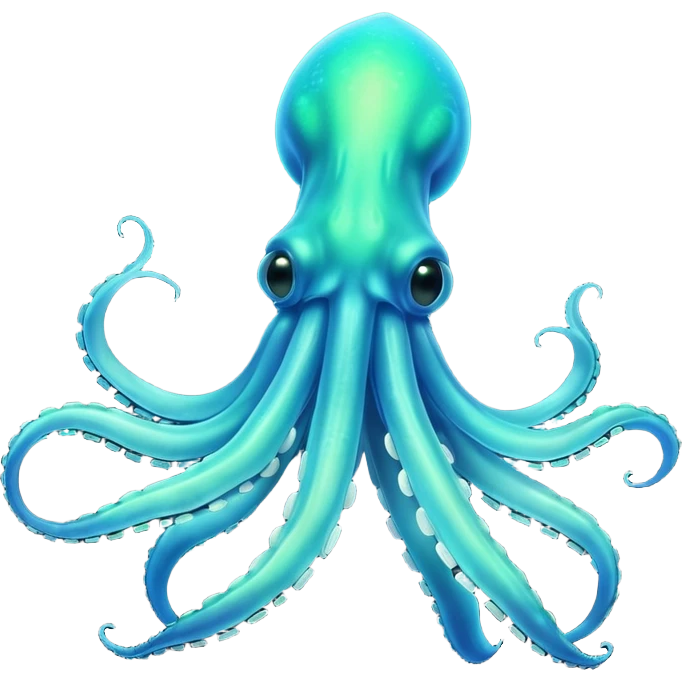 3D render of Deep Sea Squid, bioluminescent deep sea style, glowing neon blue and green lights, dark background to contrast the glow, translucent organic textures, more emision. emoji