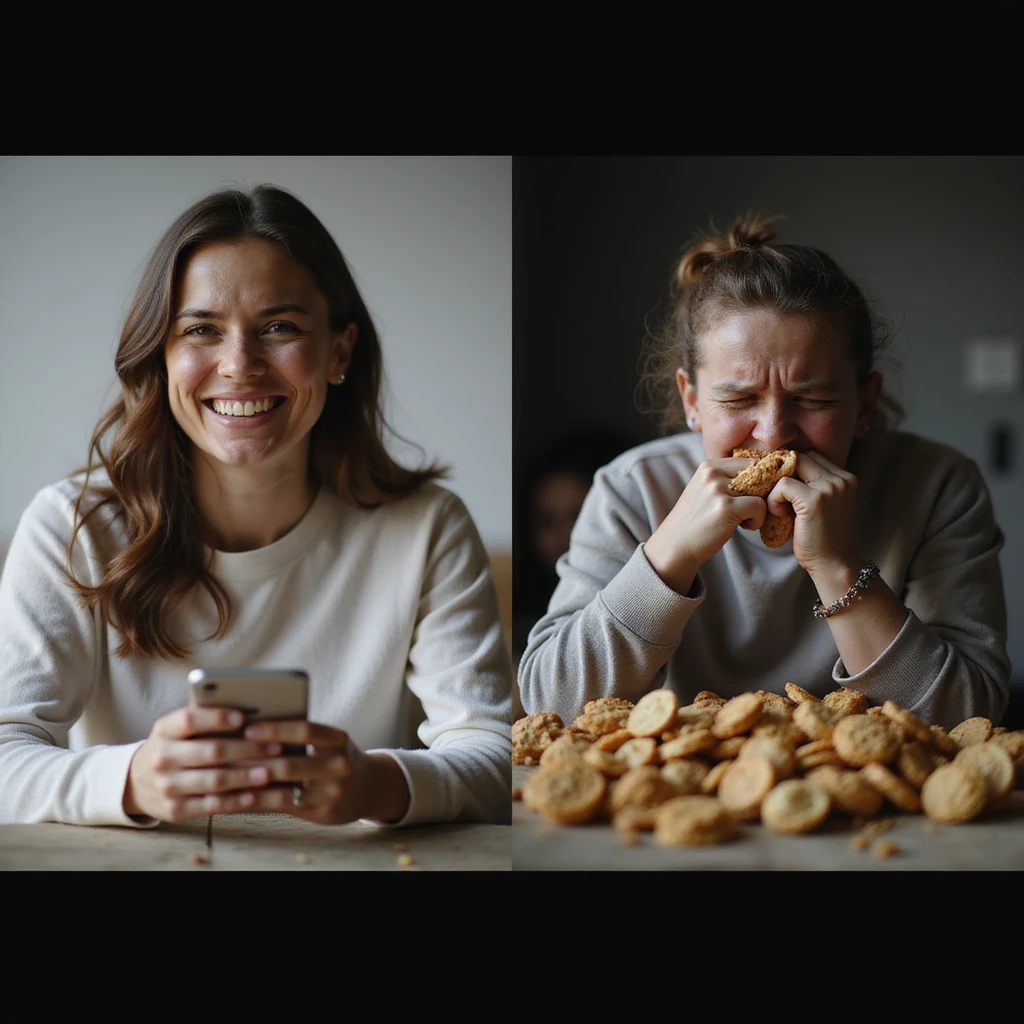realistic split-screen scene: smiling influencers on smartphone saying sugar is harmless, bright lights and filters; right side shows a person with sad and swollen expression surrounded by snacks and sweets, shadowy and messy environment; social contrast, 4K quality emoji