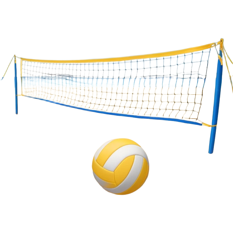 A volleyball resting on the yellow sand on a beach, with the net in the background and a scenic view of the ocean and sky. The scene captures the relaxed yet competitive vibe of beach volleyball, with warm sunlight and the natural beauty of the beach. emoji