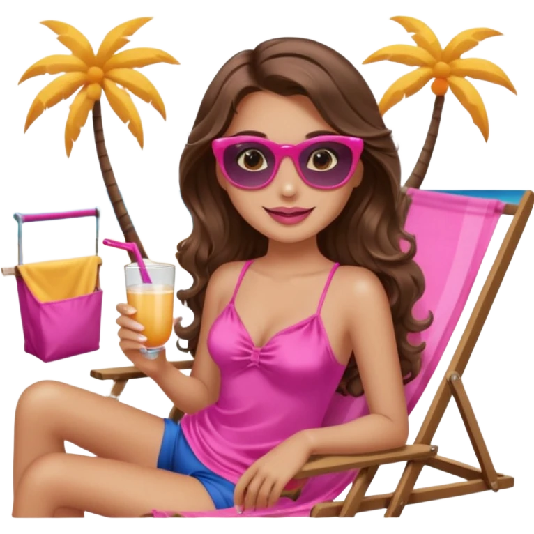 girl with long wavy brown hair, brown eyes, long lashes makeup, sexy pink lips, smiling, light to medium complexion, wearing a pink sexy silk top, relaxing in a beach chair  emoji