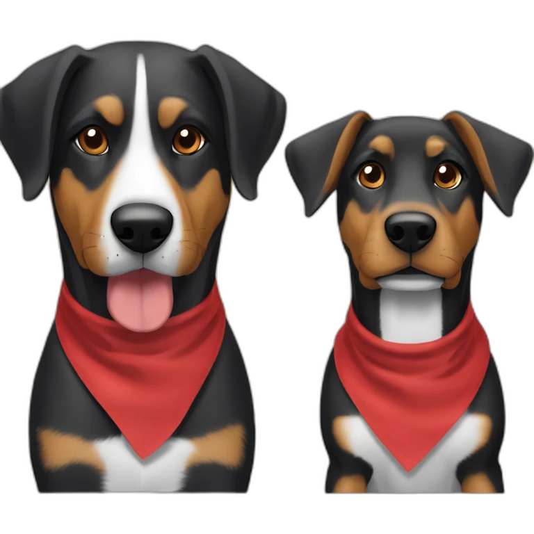 Coonhound and German Shepherd mix dog wearing small plain red bandana walking with left floppy ears emoji