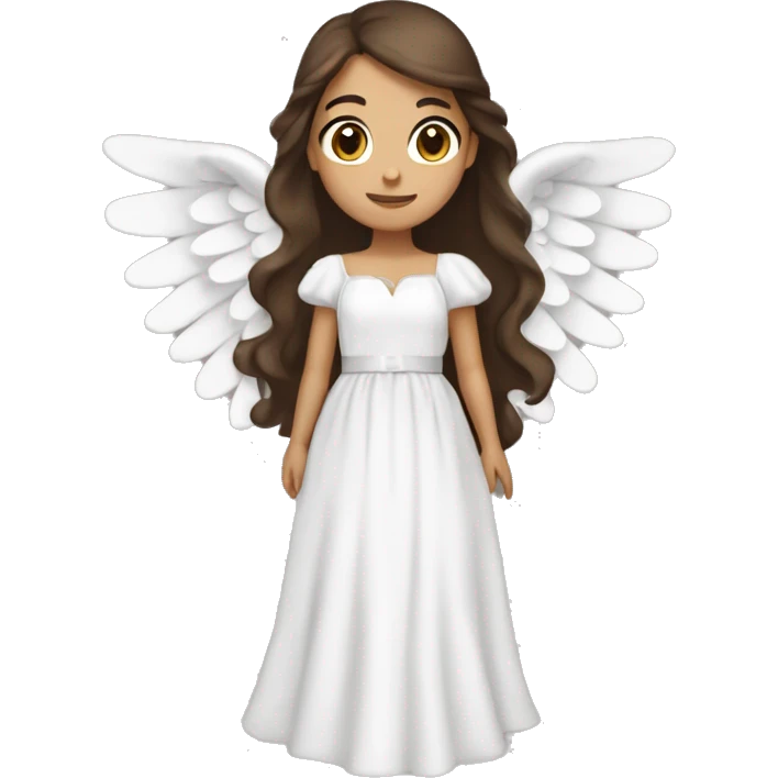Brunette girl with long brown hair and brown eyes, with large angel wings and a white bow on a dress emoji