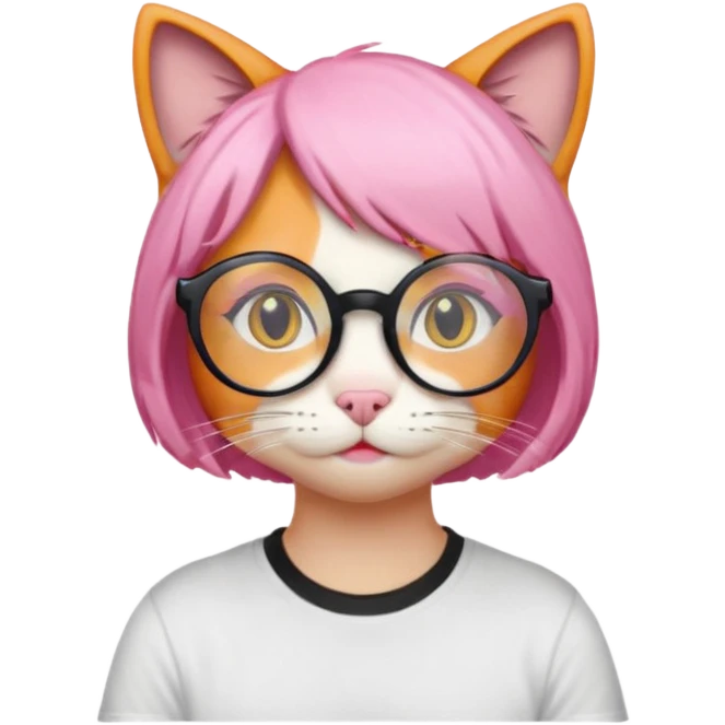 Orange Yellow cat wearing a little pink hair wig, black circle glasses, white T-shirt emoji