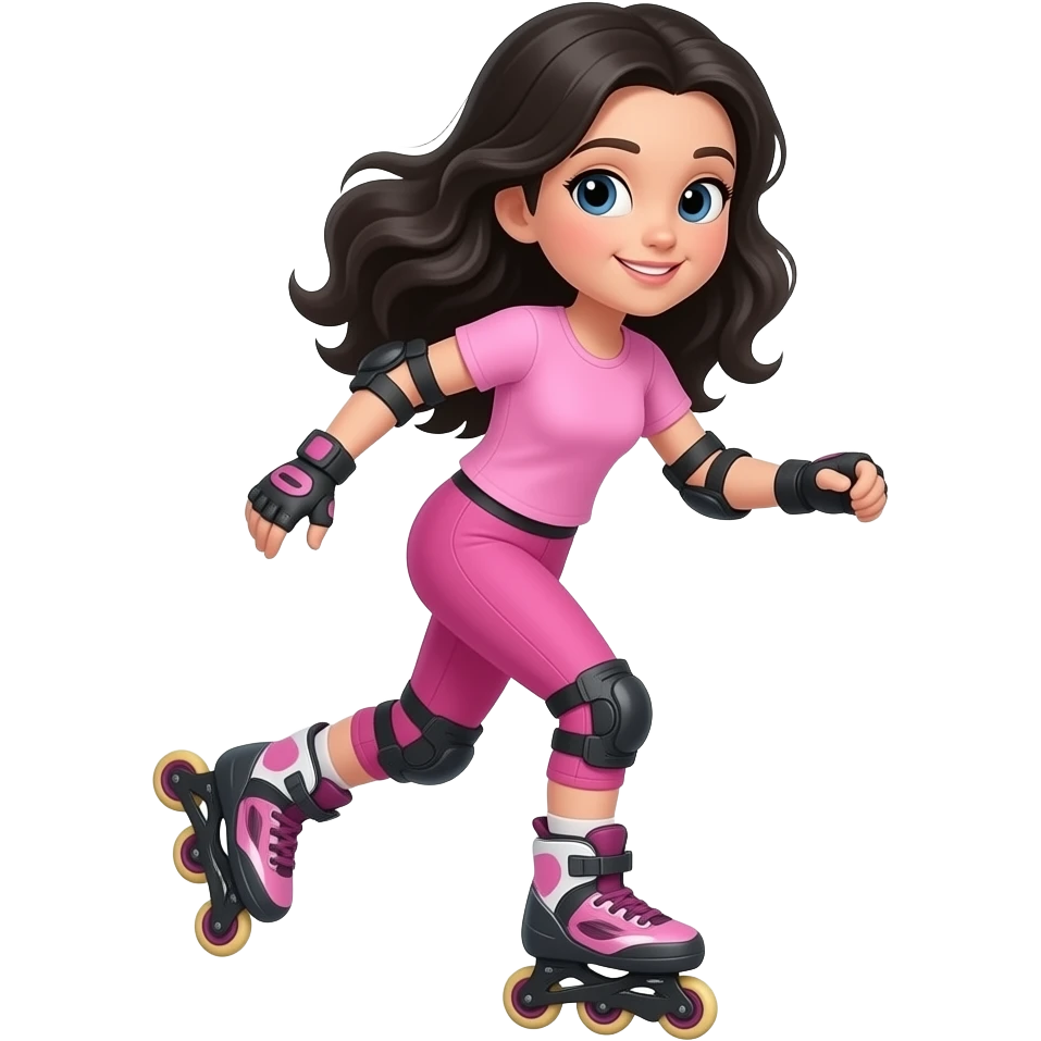 young girl, black waves long hair, pink complete top and leggings, rollerblading, light skin emoji