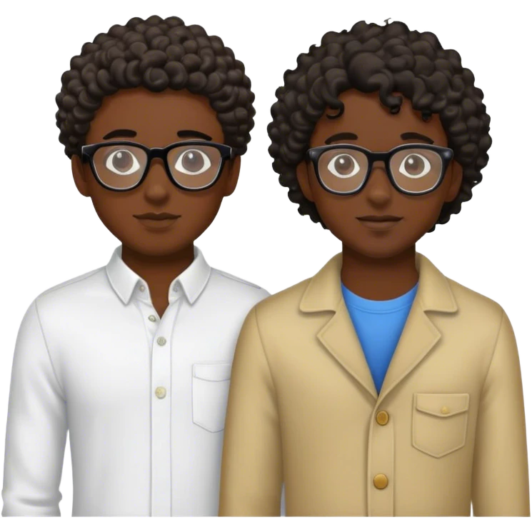 gay boys couple, one boy dark skin, wavy hair and black glasses and the other boy dark skin, curly hair, clear glasses emoji