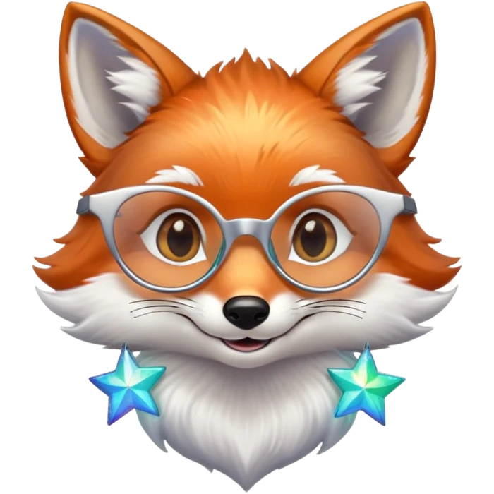 A gentle fox with iridescent fur, a glowing tail, a silver star on its forehead, and round glasses, smiling softly with closed, happy eyes. 🦊😊 emoji