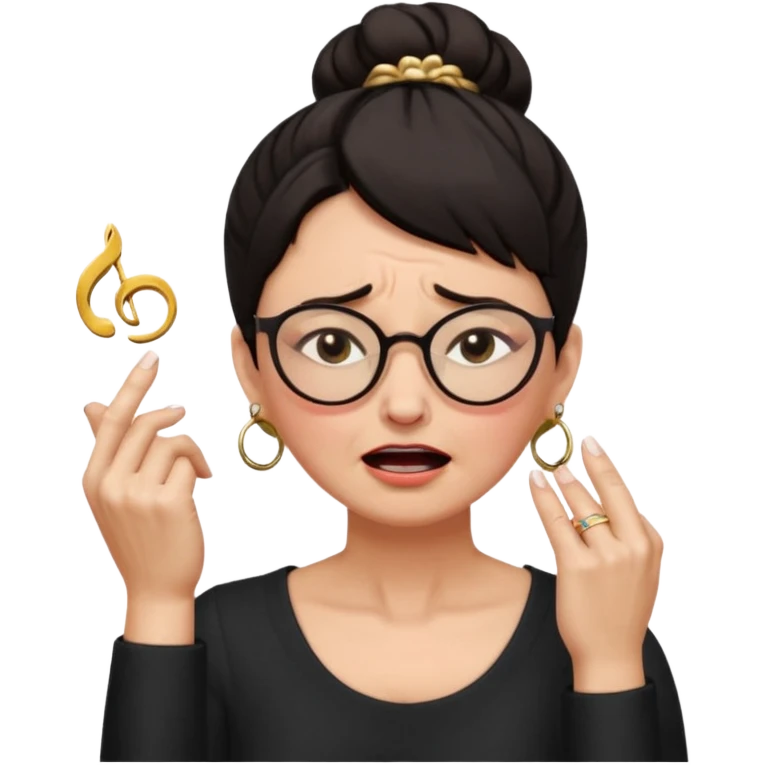  middle aged woman with dark hair pulled up in a high bun, wearing round ring earrings and glasses with a very painful expression on her face, eyes squeeed shut, wincing in pain, sticking her fingers in her ears trying to not hear a terrible singer who is too loud and out of tune.  emoji