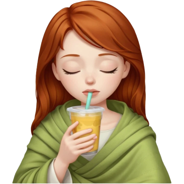 dark ginger haired girl with pale skin, wrapped in a blanket, sipping boba, eyes closed emoji