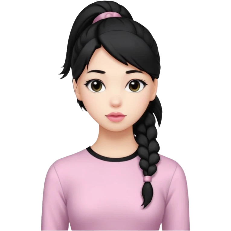 a woman with long sleeve dress top, her hair is long black pony tail, her face is soft girl style, her eyes color are black and the color of her lip is soft pink emoji