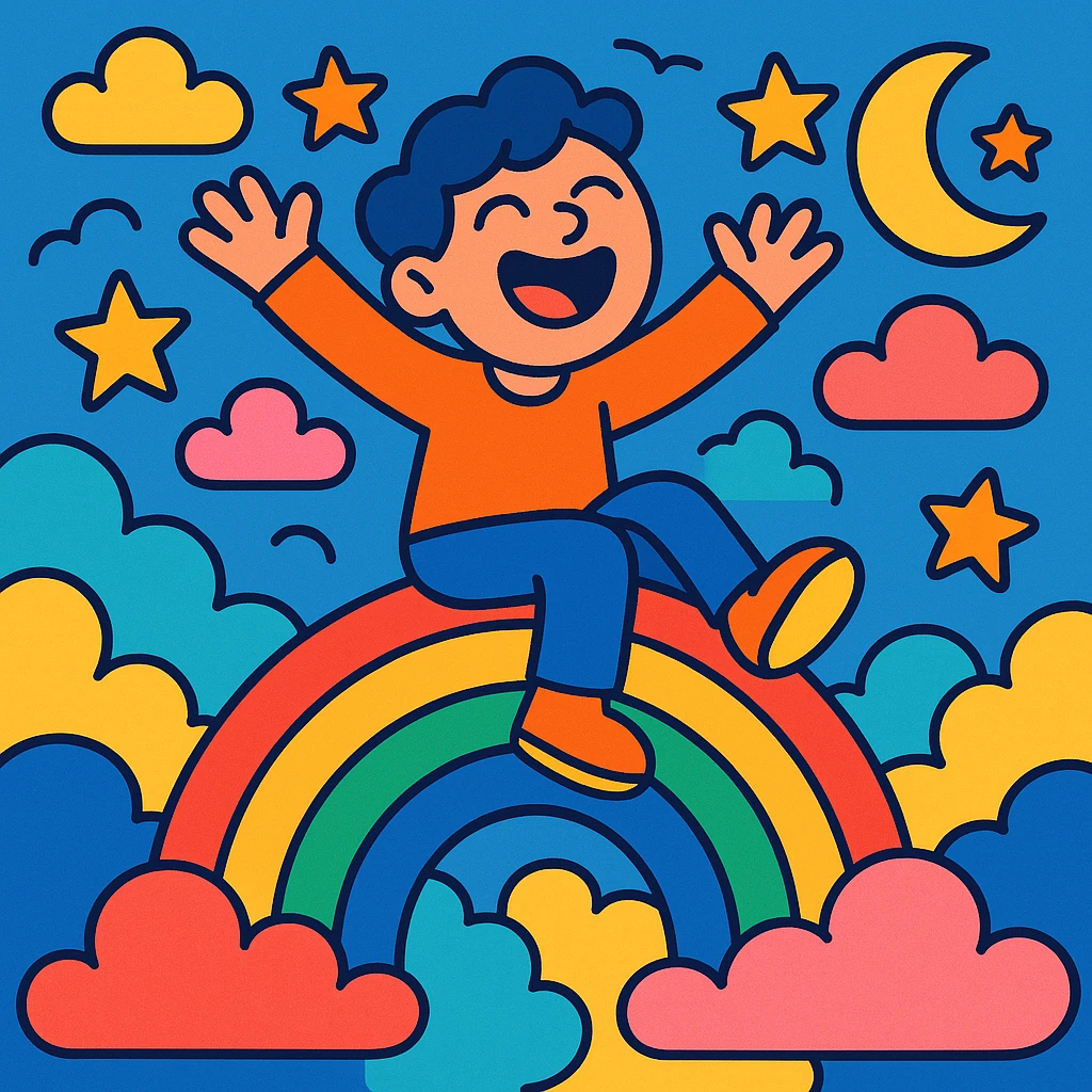 dream life as a colorful, whimsical scene with clouds, stars, and a happy character, in vibrant toon style emoji