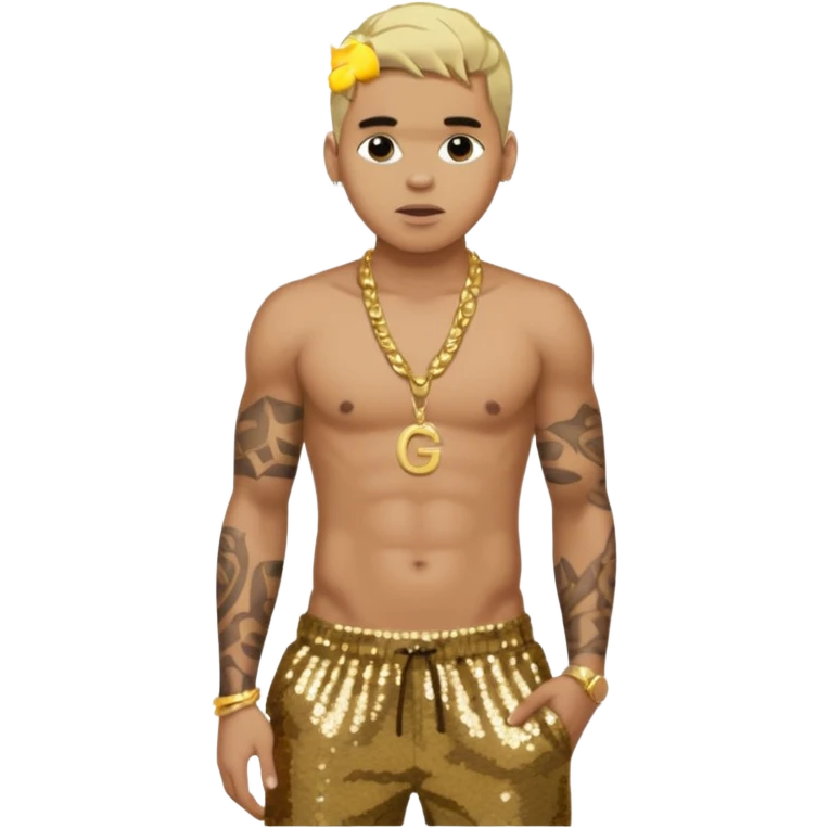 Chris Brown with blonde hair, dark brown sequin baggy pants, shirtless with necklace emoji