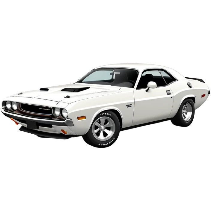 Structurally accurate white 1971 Dodge Challenger from Death Proof, perfect three-quarter perspective at 30 degrees, consistent proportions, detailed front end and side profile, all white, iOS emoji style emoji