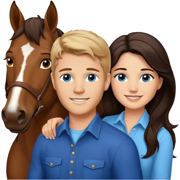 Smiling blue eyed trevor donovan with smiling brown-eyed danica mckellan and one brown horse emoji