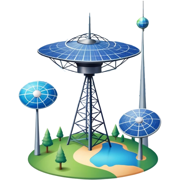 An icon featuring a satellite dish, cell tower with signal waves, and an earth, connected by lines, symbolizing telecommunications. The design includes data signals, network nodes, and a mobile device, representing global digital communication. Transparent background emoji