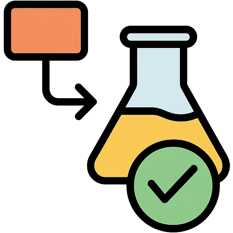 business-appropriate icon for diagnostic lab approval, with a flowchart arrow, beaker, and checkmark, minimal and clear style emoji