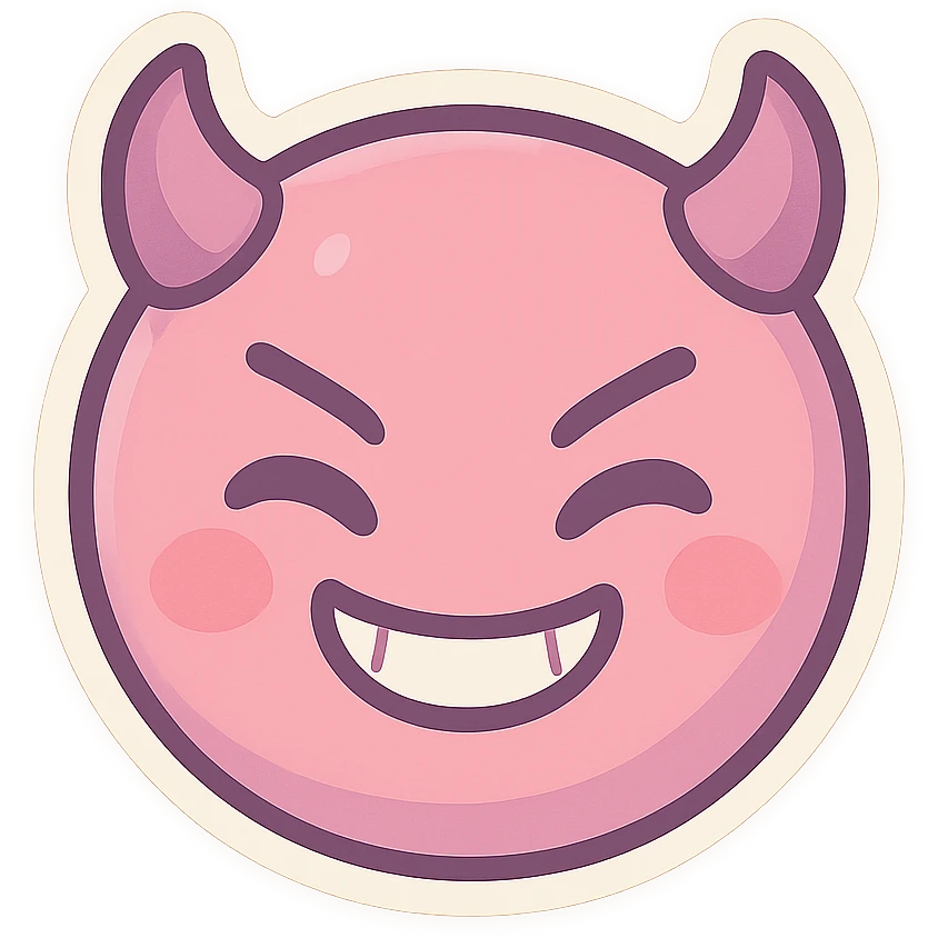 devil emoji, chibi style, pastel palette, pink and purple, small horns, mischievous grin emoji