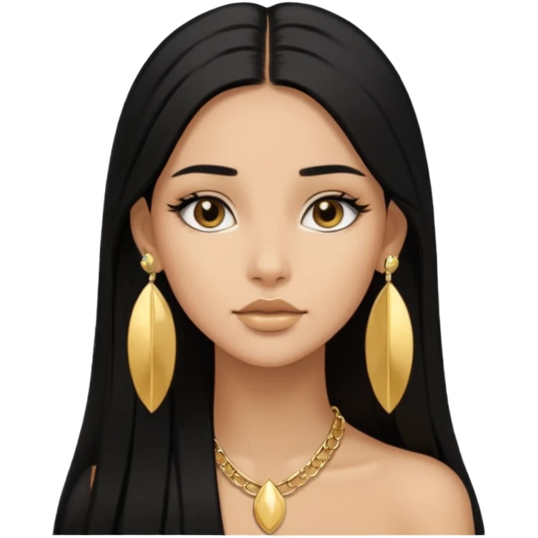 Pero que sea de una chica morena con pelo negro largo lacio. Que siempre utilize aretes dorados y axxesorios dorados y que sea AESTHETIC como pinterest emoji