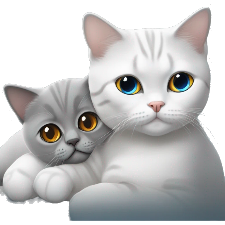 Grey British shorthair with amber eyes cuddling a white British shorthair with grey ears and blue eyes emoji