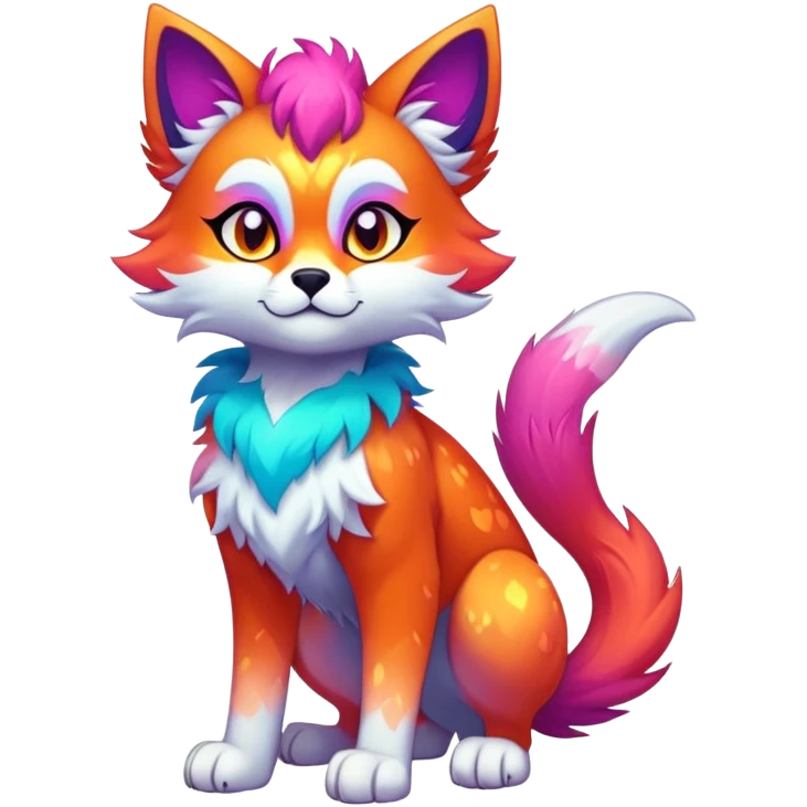 Vibrant multicolored neon-colored Falvie-Fionbri-creature-sparkle-feline-canine-hybrid-fursona, full body emoji