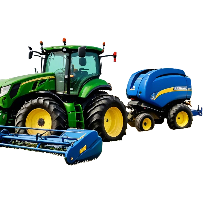 Baler – New Holland Roll-Belt 560 (2018) – Cinematic-realistic John Deere 6155M tractor towing a New Holland Roll-Belt 560 baler, its deep green body contrasting with the bright blue baler. The massive machine moves steadily through golden fields, compressing freshly cut hay into tight round bales, while dust swirls under the blazing afternoon sun. emoji