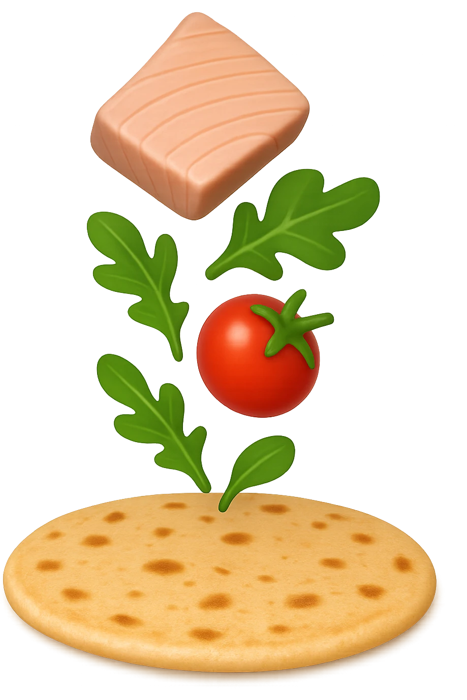 EMOJI STILE IPHONE DI con tonno, valeriana e pomodorini cadono verticalmente su una piadina, iperrealistica 4k emoji