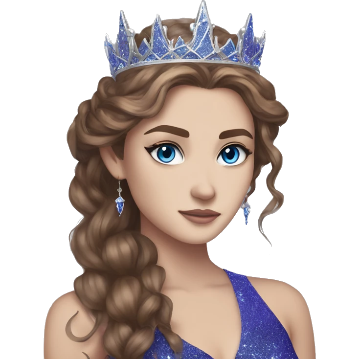 Feyre has brown hair with bright blue eyes and a silver crown on top of her head. She wears a purple blue glitter dress  emoji